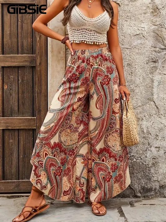 Plus Size Bohemian Paisley Print Women Pants Summer, Beach, Vacation Elastic Waist Casual Wide Leg Trousers