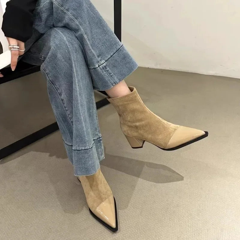 Women's New Autumn Chunky Heel Boot Pointed Suede Anti-slip Wear-resistant Ankle Boots.
