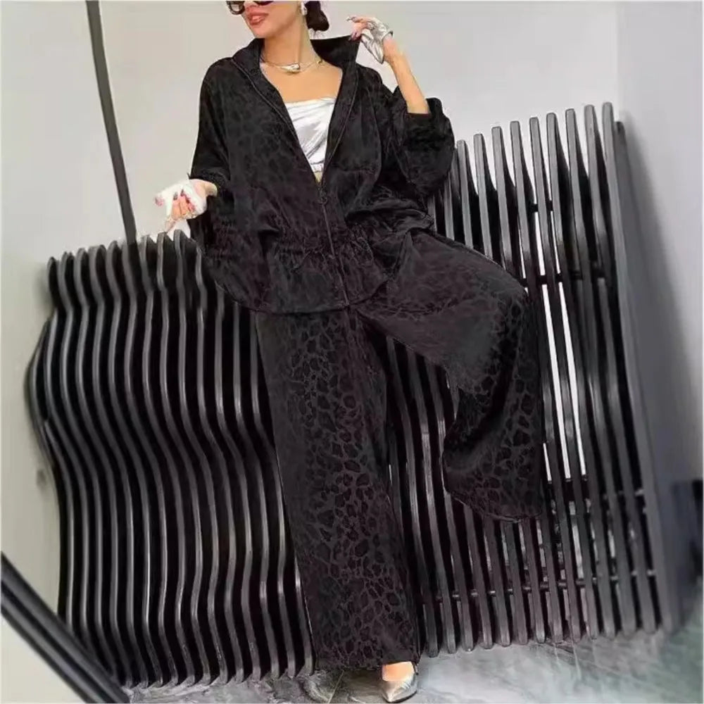 Fashion Leopard Print Casual Lace-up Waist Women's Suit New Loose Wide-leg Pants Elegant 2 Piece Set.  S-3X