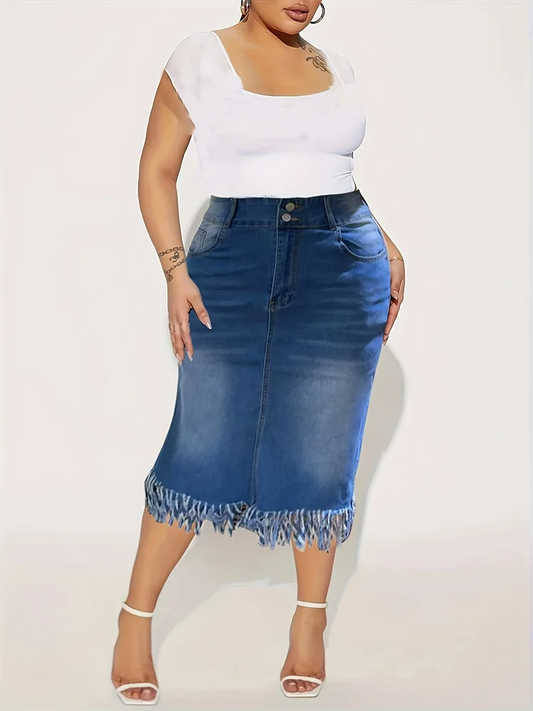 Women's Fringe Long Jean Skirts Fashion Casual Comfortable Slim Mid Waist Stretch Denim Plus Size