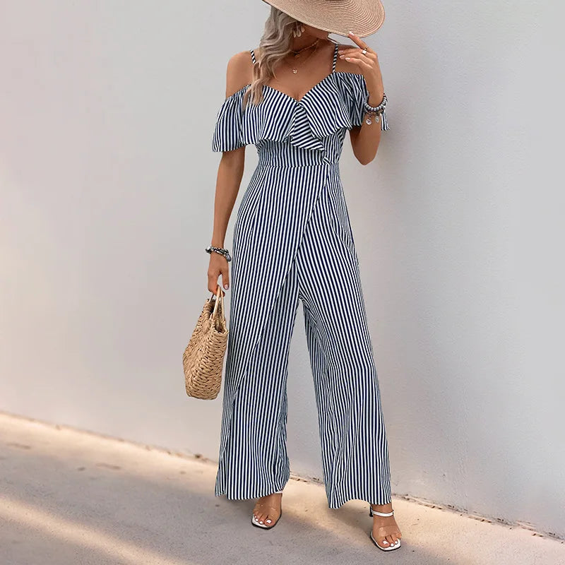 Jumpsuits Women One Piece Striped V Neck Wide Leg Long Pants High Waist Rompers 2025.  S-XL