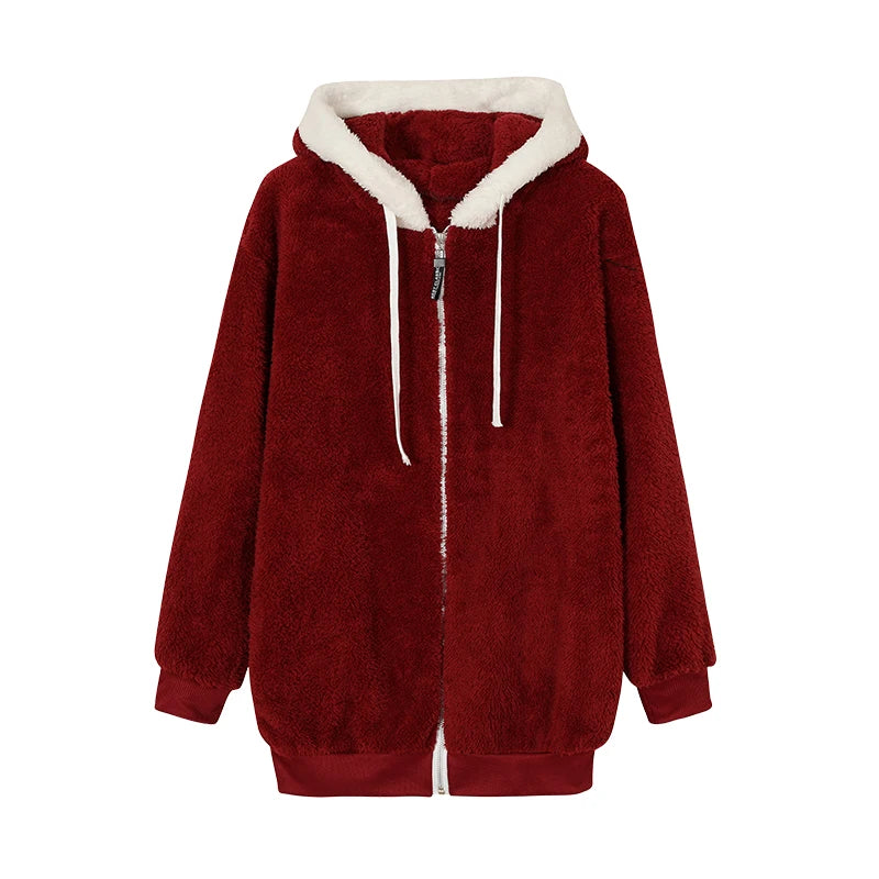 New Style Autumn And Winter Loose Plush Zipper Hooded Jacket Woman.  S-5X