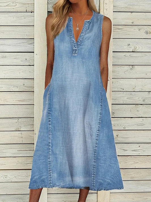 Summer Sleeveless Dress Sexy V-neck Blue Denim Loose Midi Dress Pockets Casual Long Dress.  S-3X