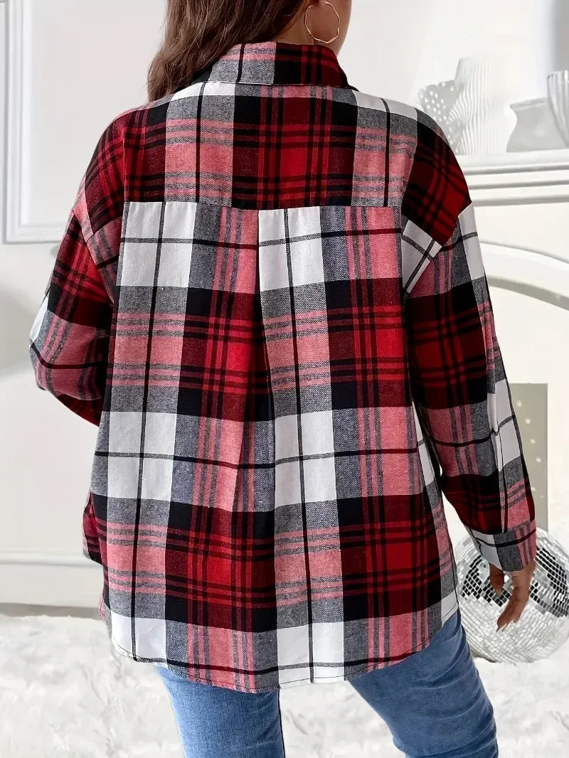Plus Size Women's Plaid Top Long Sleeved Casual Shirt