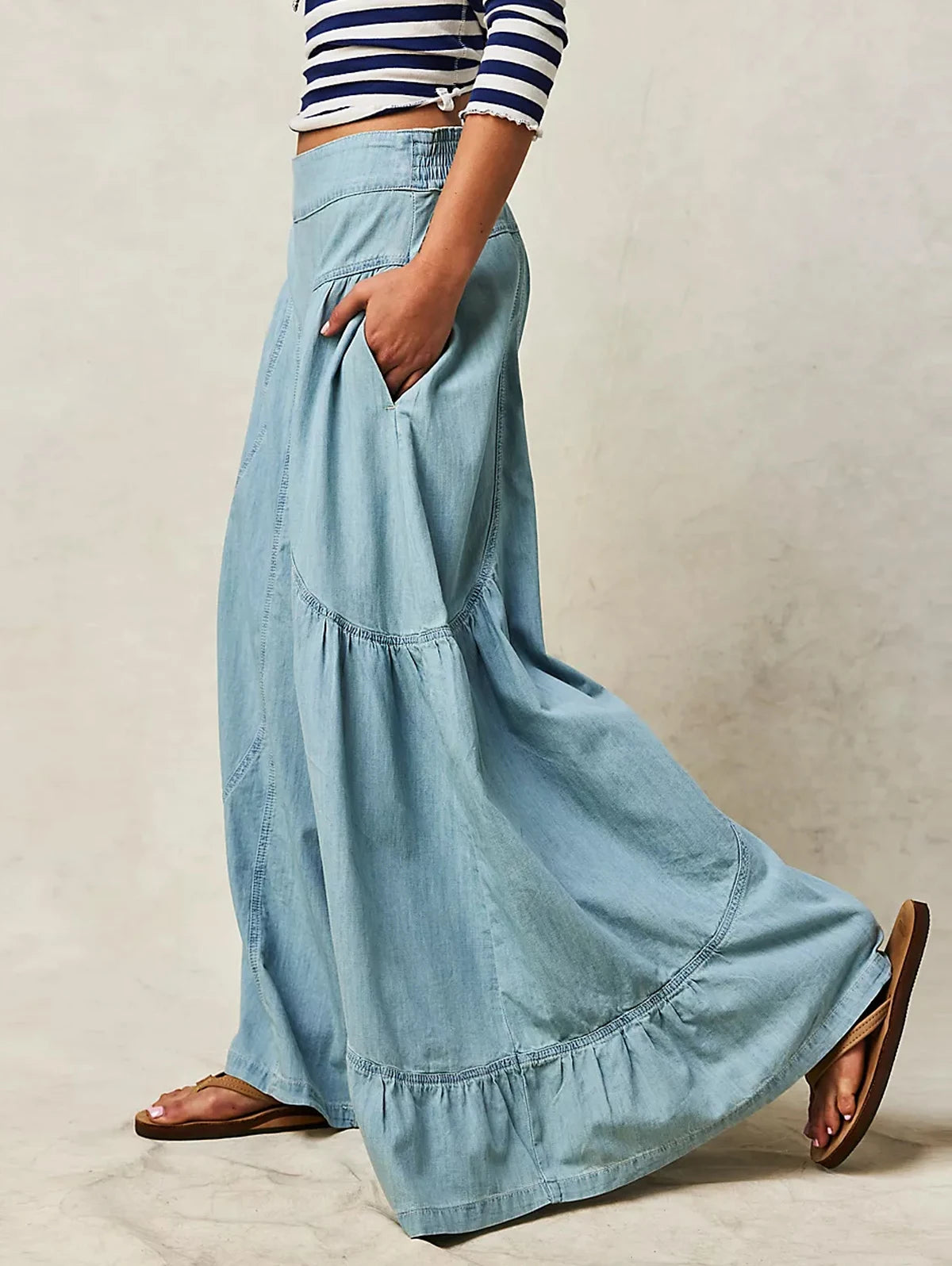 Women's Plus Size Wide Leg Spliced Pants Casual Plain Trousers Elastic Waist Loose Vintage Denim Pocket High Waist Pants  Sz: L-3X