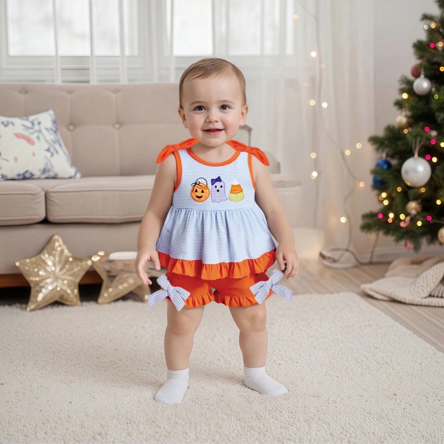 Toddler Little Girl Halloween Outfit Striped Pumpkin Ghost Ruffle Tank Tops Elastic Waist Shorts 2 Piece Set.