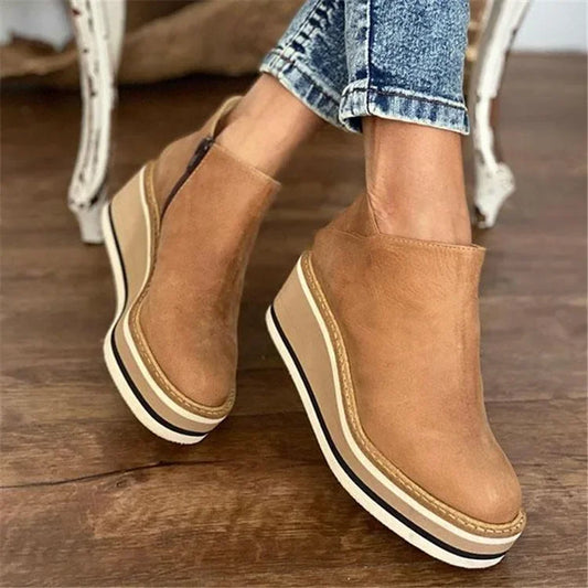 Ankle Boot Women Fashion Leather Wedge Heel Platform Boots , Botas De Mujer