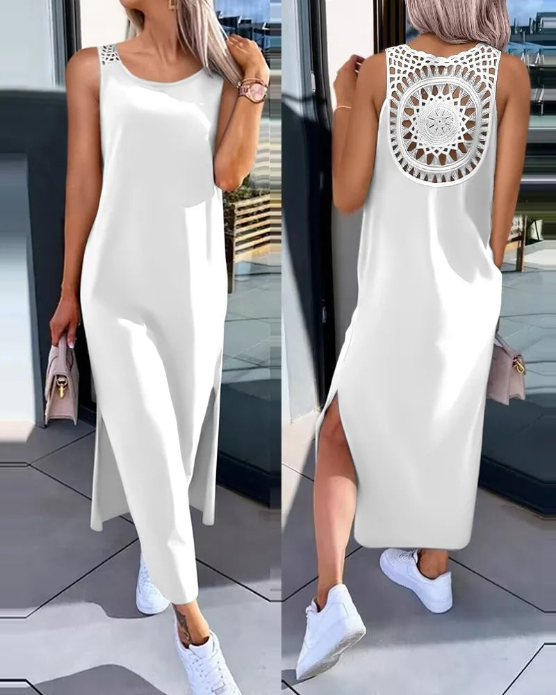 Hollow Out Solid Long Dress Women Fashion Sleeveless O-neck Maxi Dress.  S-2X