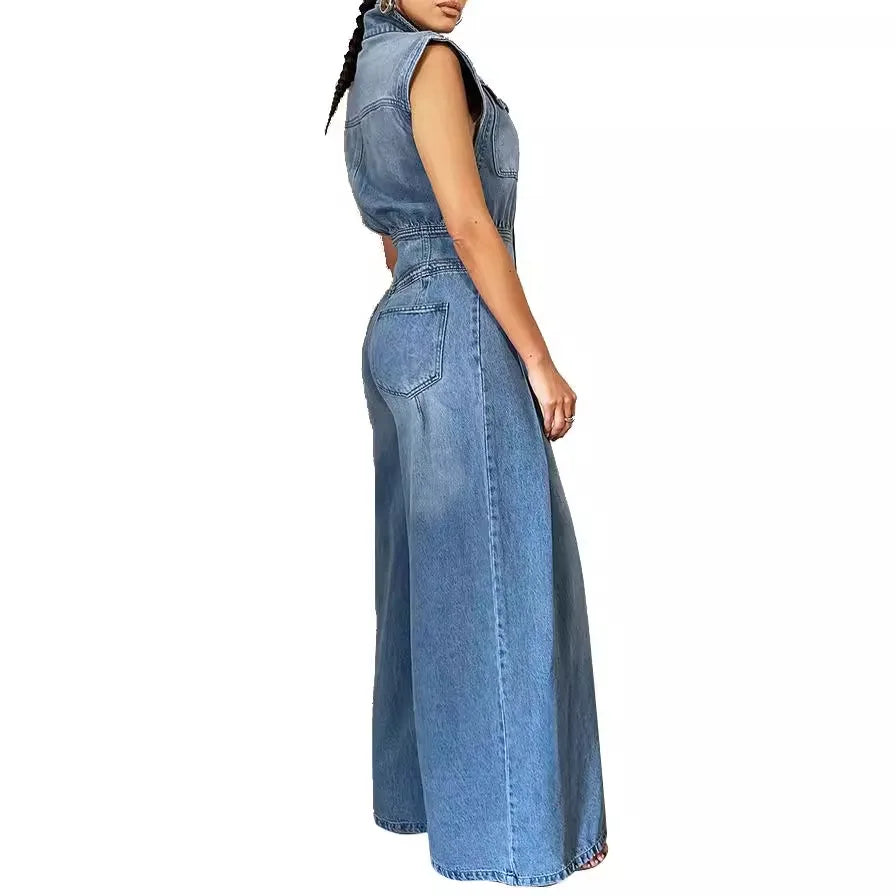 Women One Piece Denim Jeans Sleeveless High Waist Turn Down Collar Wide Leg Long Pants Romper Suit.  S-XXL