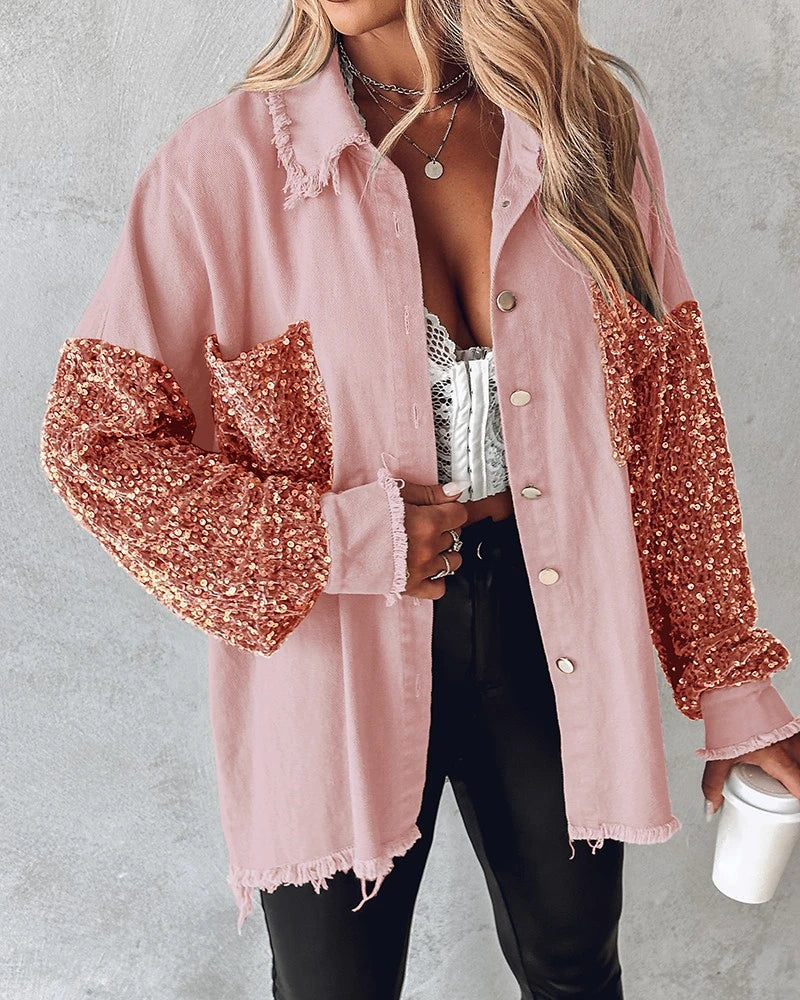 Women’s Turn-down Collar Jackets Contrast Leopard Sequin Patchwork Long Sleeve Jacket/ Top Button Front Raw Hem Shacket