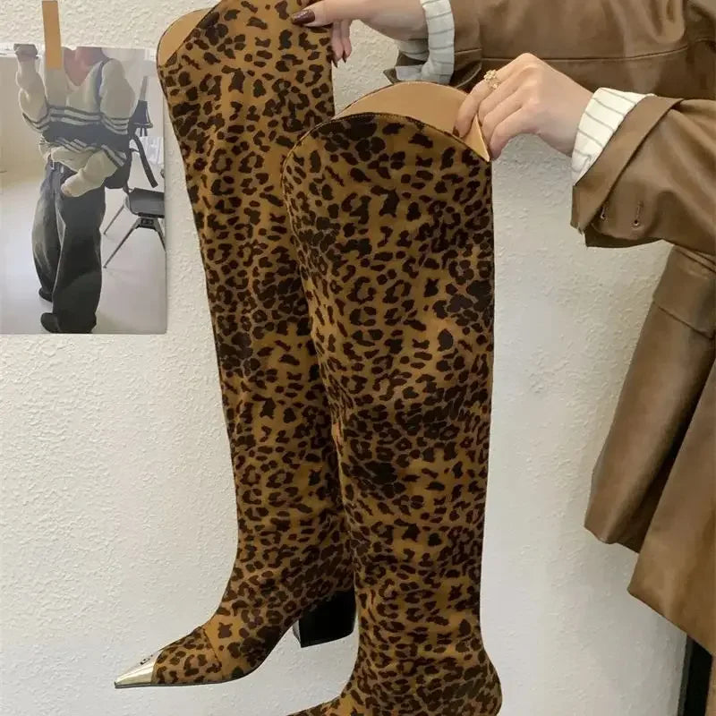 Women's Over-The-Knee Boots - Pointed Toe Chunky Heel with Metal Decoration