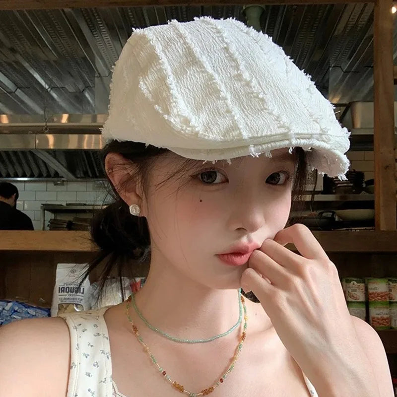 2025 New Ladies' Beret with Retro Frayed Edges Small and Sweet Duckbill Hat Japanese and Korean Fashion Artist Hat