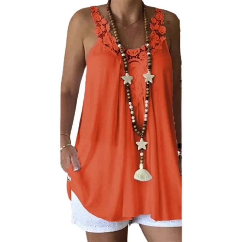 Sexy Ladies Long V Neck  Sleeveless Summer Lace Tank Top.