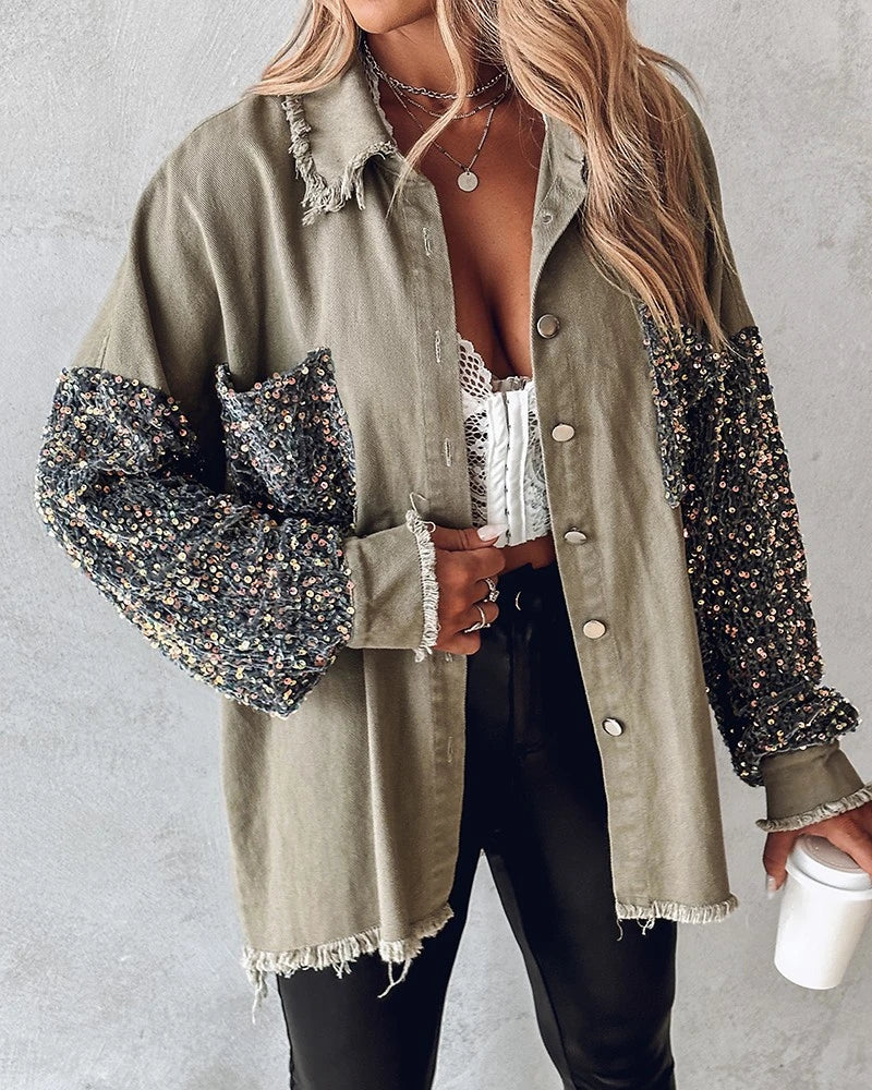 Women’s Turn-down Collar Jackets Contrast Leopard Sequin Patchwork Long Sleeve Jacket/ Top Button Front Raw Hem Shacket