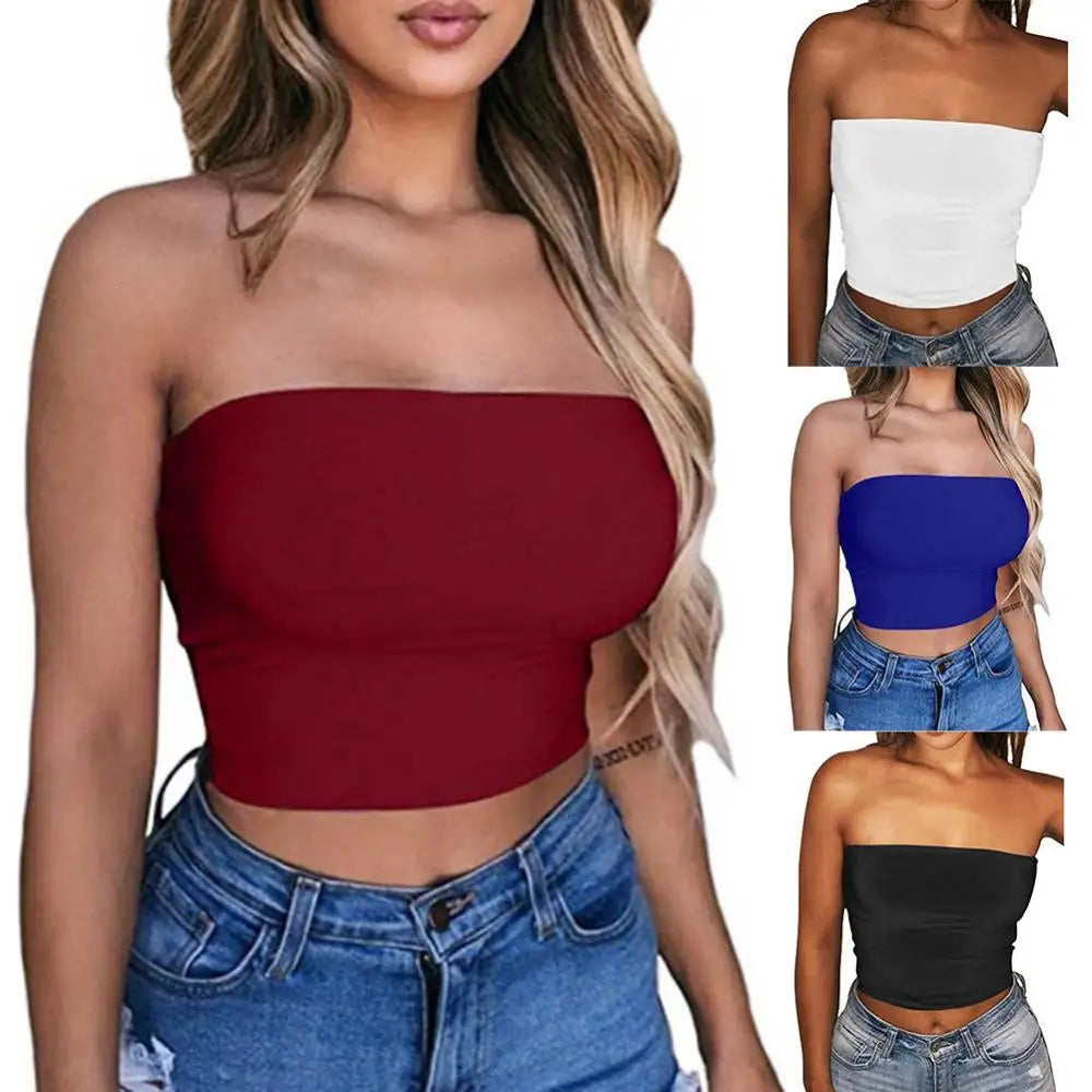 Women's Strapless Top Sexy Sleeveless Crop Top Bandeau Tube Top.  S-XL