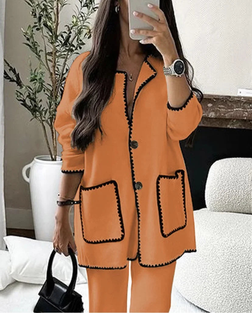 Women Two-piece Set Fashionable Double Pocket Button Top Casual Straight Pants New Female Suit.  S-3X