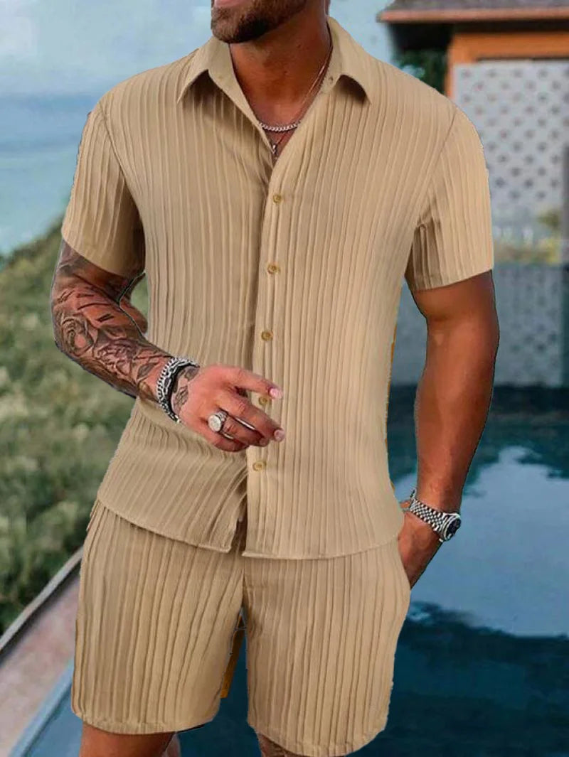 Spring and summer European Style new men's striped jacquard loose shorts and shirt set.   S-3x