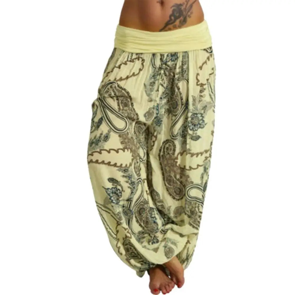 Ladies Boho Loose Pants Paisley Print High Waist Ankle Tied .