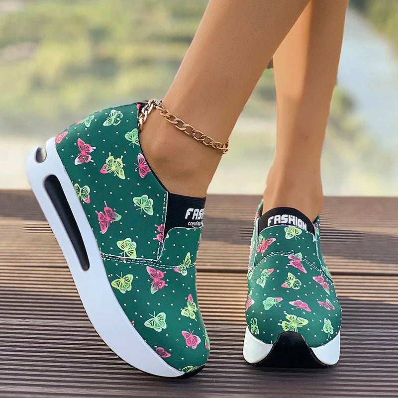 Great For Walking Butterfly Print Platform Sneakers Lightweight Slip On Great For Walking Thick Sole Non Slip Casual Shoe