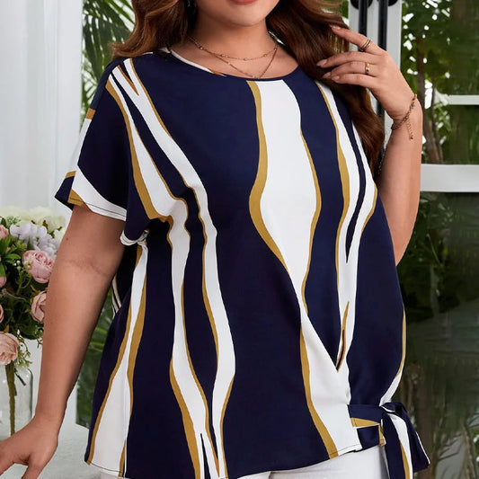 Plus Size Women's Striped Printed Short-Sleeved Crew Neck Elegant Tops with Side Knotted Design.