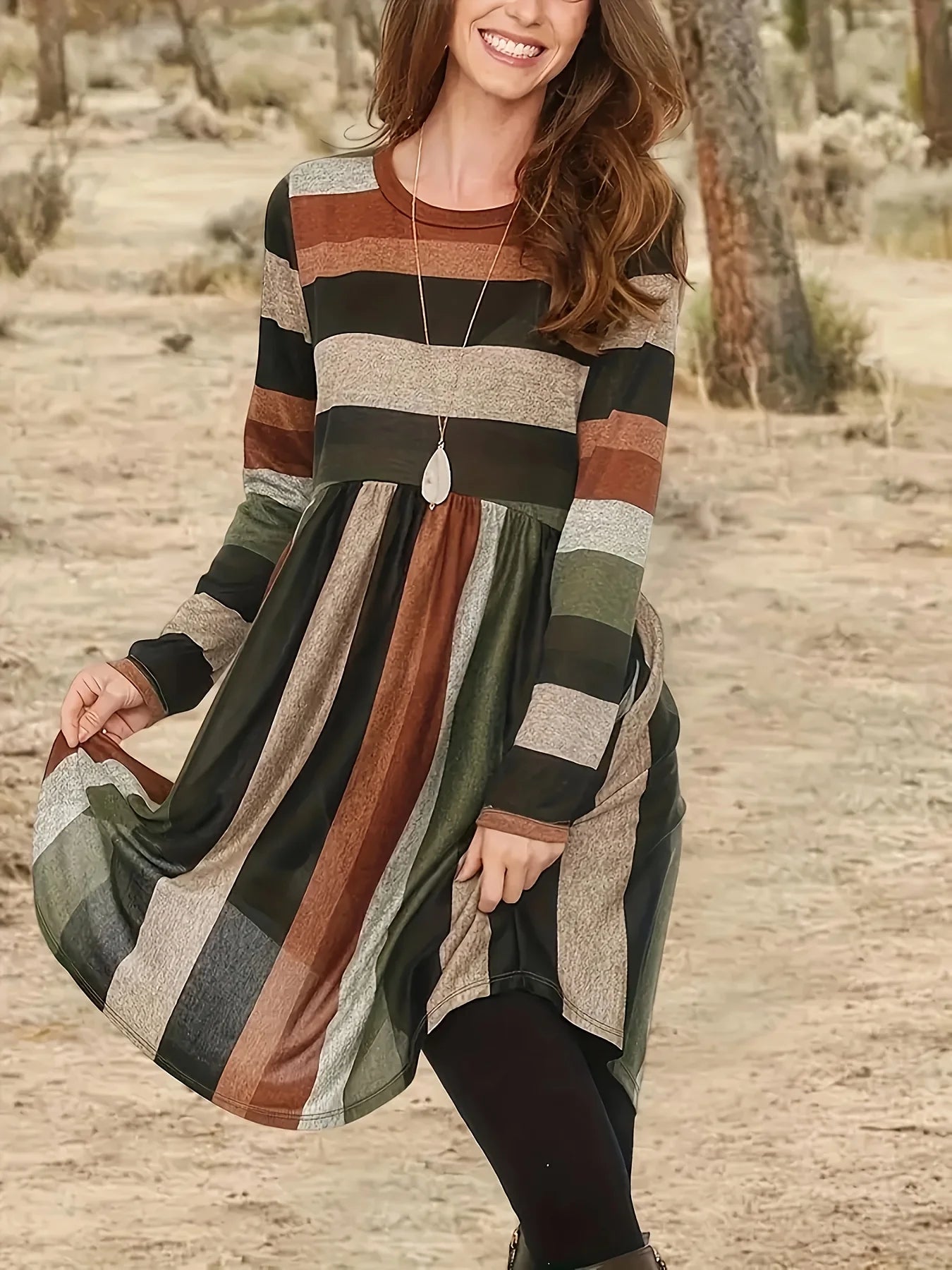 Plus Size Striped Dress - Elegant Round Neck Knee-Length Dress