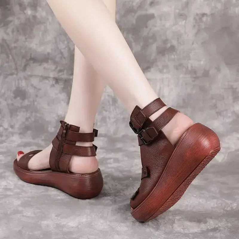 Sandals Summer 2025 Mid Heeled Wedges for Women, Retro Leather Gladiator Sandals