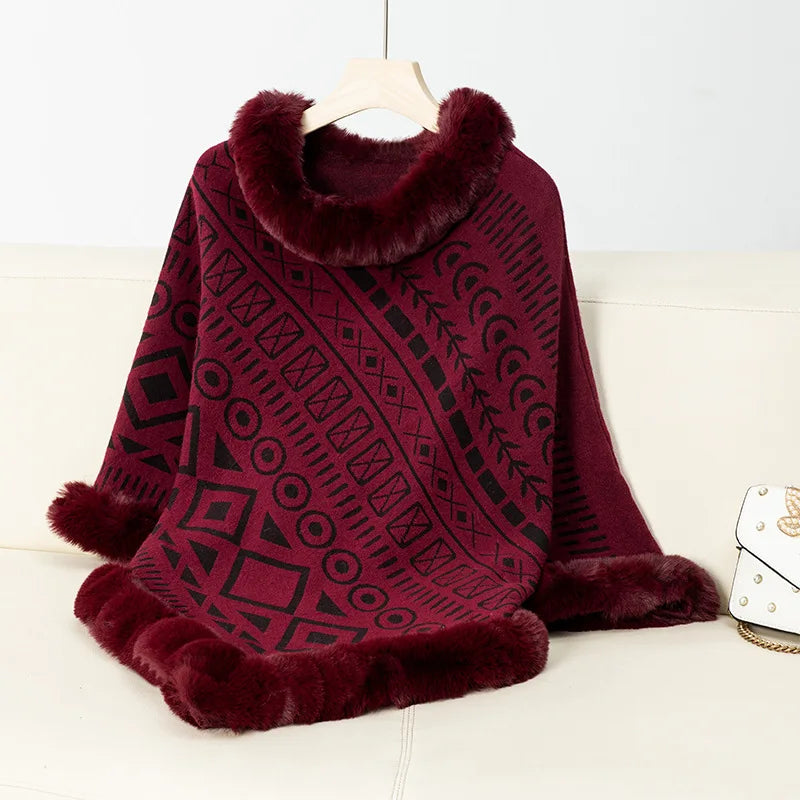 Women Poncho/ Sweater Pullover Fur Collar Cloak Irregularity Warm Thick Elegant Autumn Winter Casual Poncho
