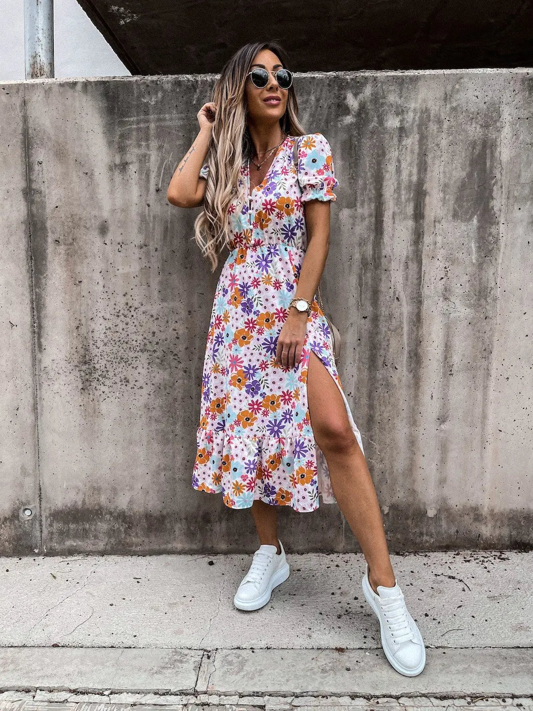 Summer Floral Print Dress V Neck Side Slit Short Sleeve Button Slim Spring Party Dress.  S-3X