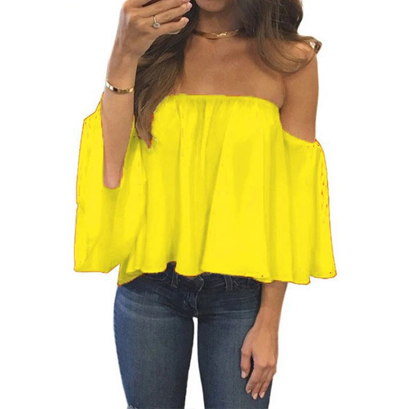 Solid Colour Sexy Off Shoulder Short Sleeve Summer Fashion Top.  S-2X