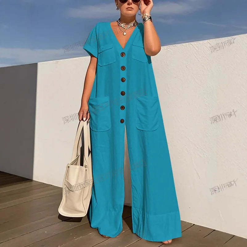 New Summer V-neck Single-breasted Women's Jumpsuits Fashion Pocket Elegant Rompers Casual Loose Oversized Women Jumpsuit.  S-2X