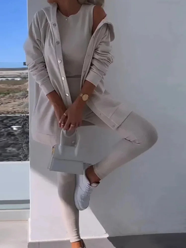 O-Neck Top Long Sweater Matching Set,Solid Three Piece Outfit, .  S-3x