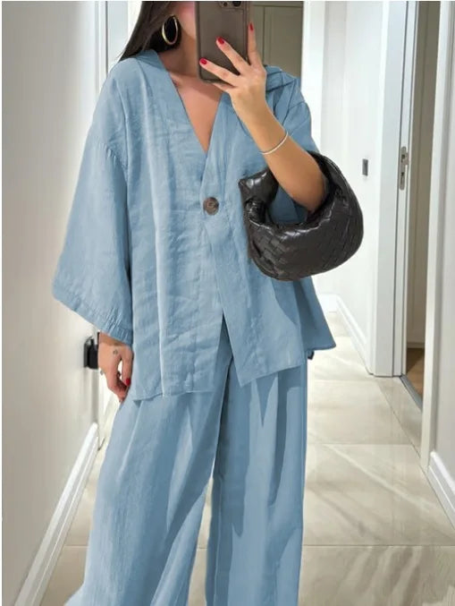 Spring Summer Fashion Cotton Blend Two Piece Set Causal Loose Top Wide Leg Pants 2 Piece Outfit.  S-3X