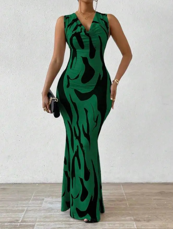Women Print Dress Sleeveless Slim Fit Long Dress Midi Waist  Elegant Lady Summer Dress. S-2X