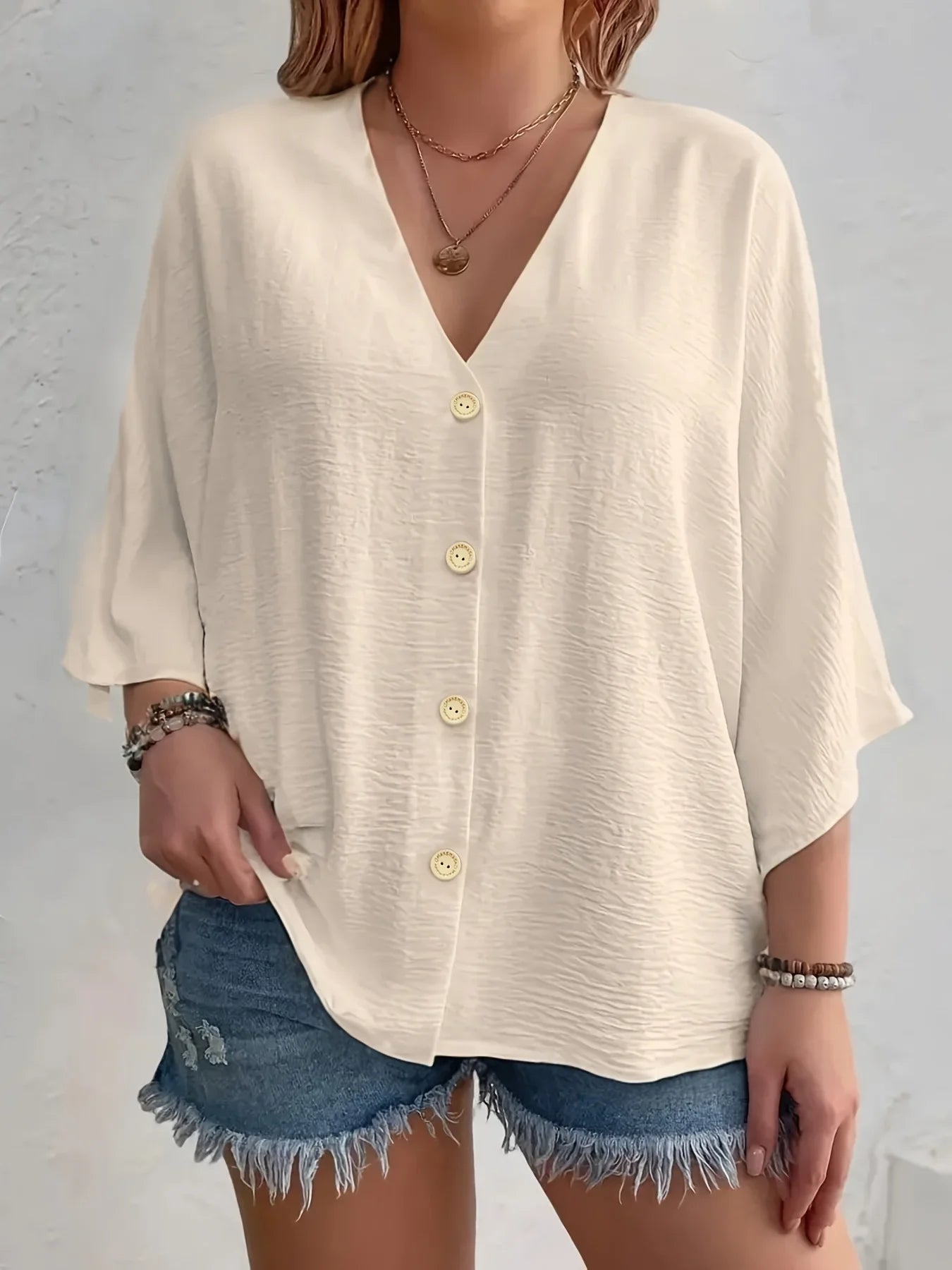 Women's Plus-size Shirt Solid Color Breathable  V-neck Button Casual Wear with European Style.  1X-5X