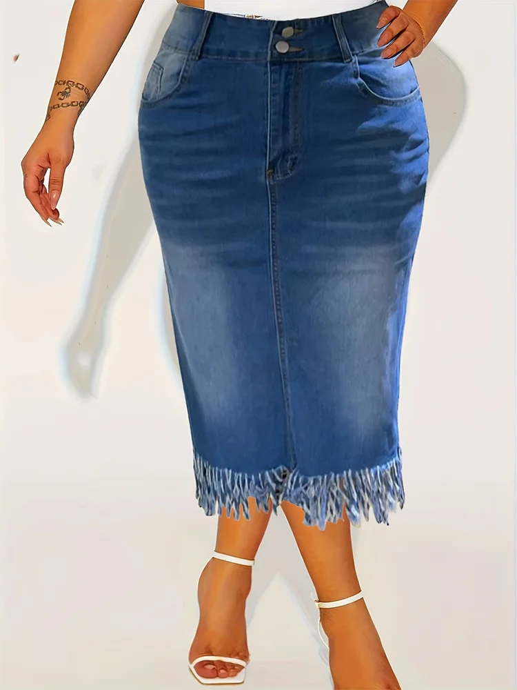 Women's Fringe Long Jean Skirts Fashion Casual Comfortable Slim Mid Waist Stretch Denim Plus Size