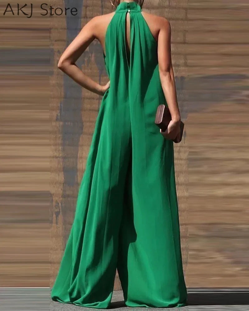Women High Neck Sleeveless Wide Leg Jumpsuit