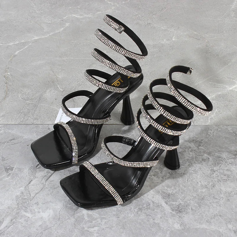 Fashion Women Sandals Summer New Crystal Snake Ankle Around Heels Stiletto Sexy Party Women's Sandals 9CM
