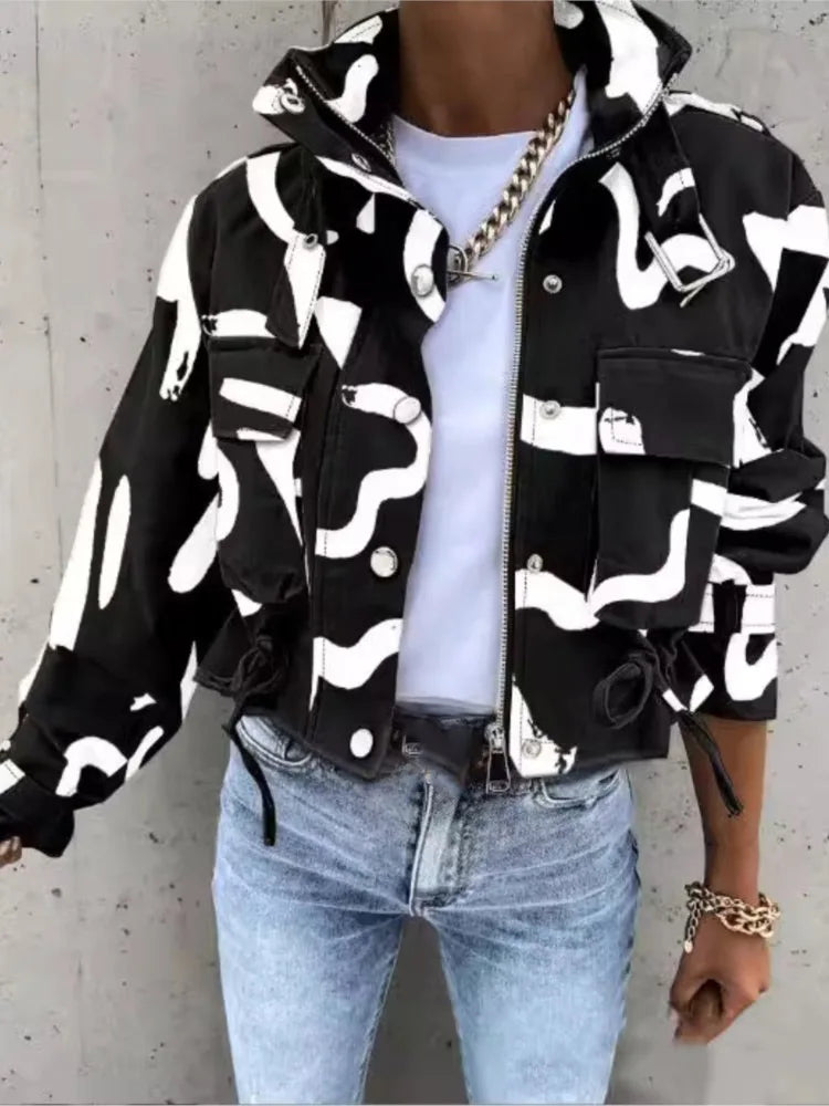 New Printed Short Casual Jacket Women Fashion Elegant Outerwear.  S-2X