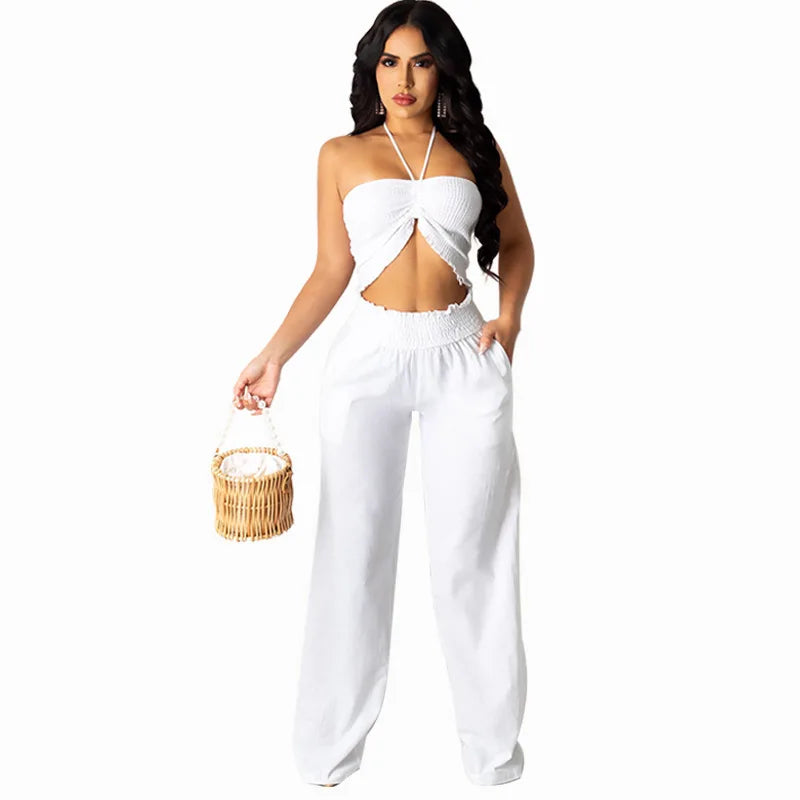 Women Two Piece Sets Halter Matching Sets Backless Short Top Wide Leg Long Pants Elastic Waist Casual Wear