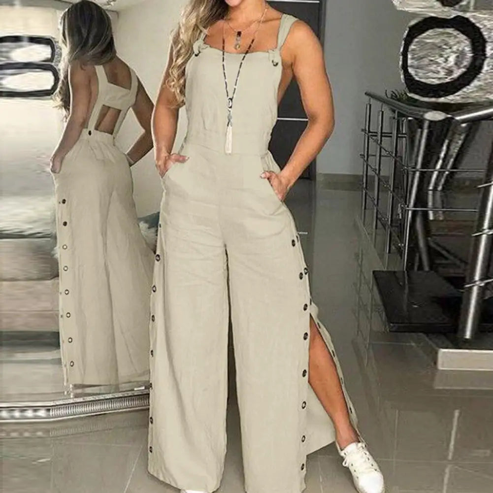 Women's Sleeveless Wide Leg Jumpsuit with Side Pockets And Button Closure Solid Colour Loose Fit Romper .  S-2x