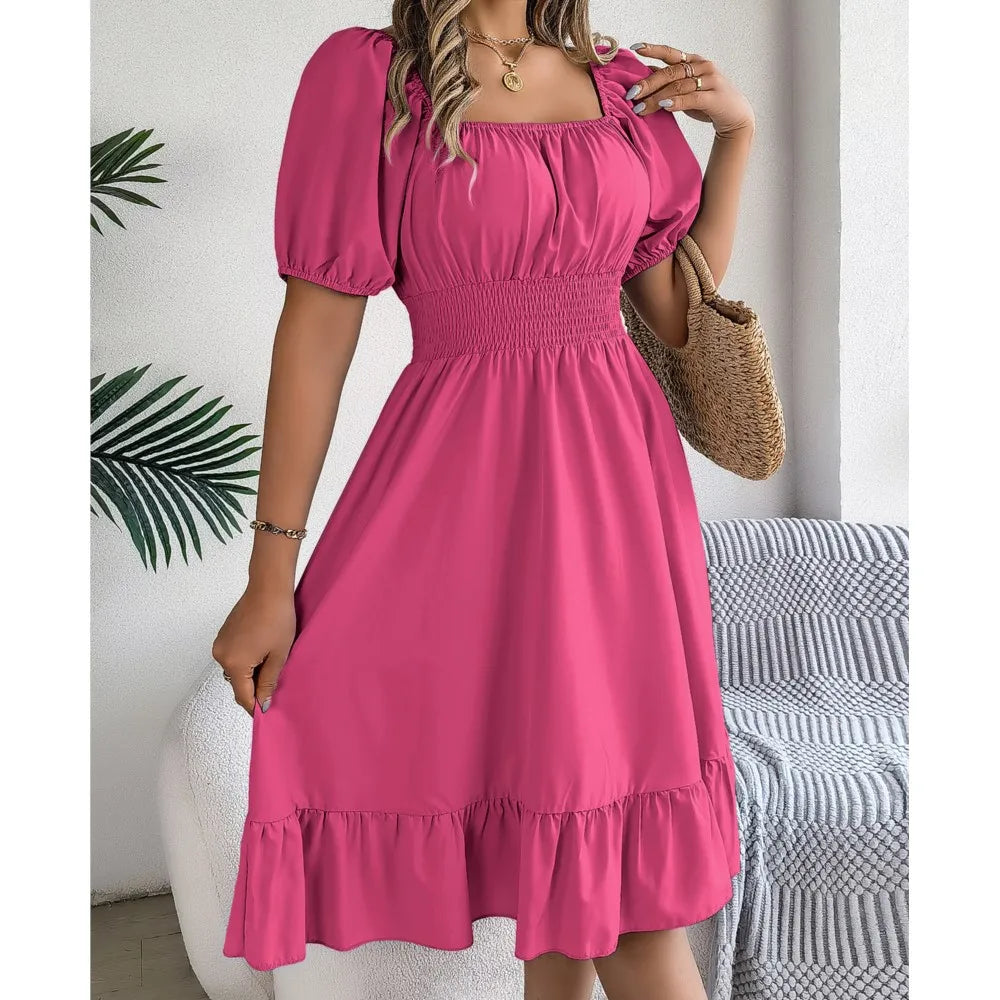 Women's Summer Casual Square Neck Short Sleeved Ruffle Edge Dress