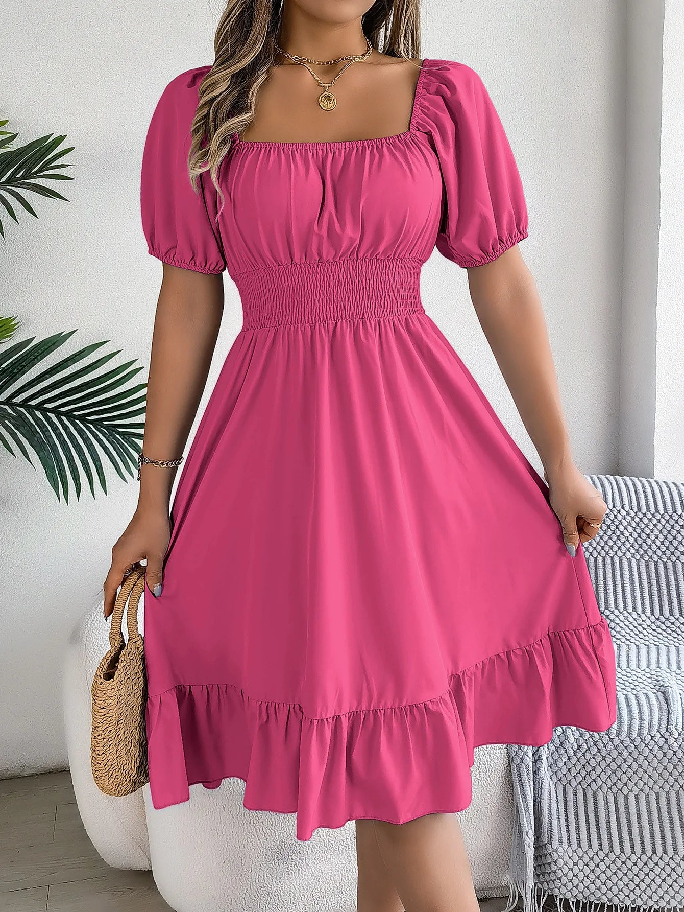 Women's Summer Casual Square Neck Short Sleeved Ruffle Edge Dress
