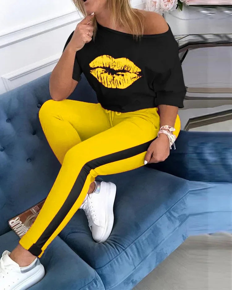 New Style Lip Print Round Neck Sports Set.  S-xl