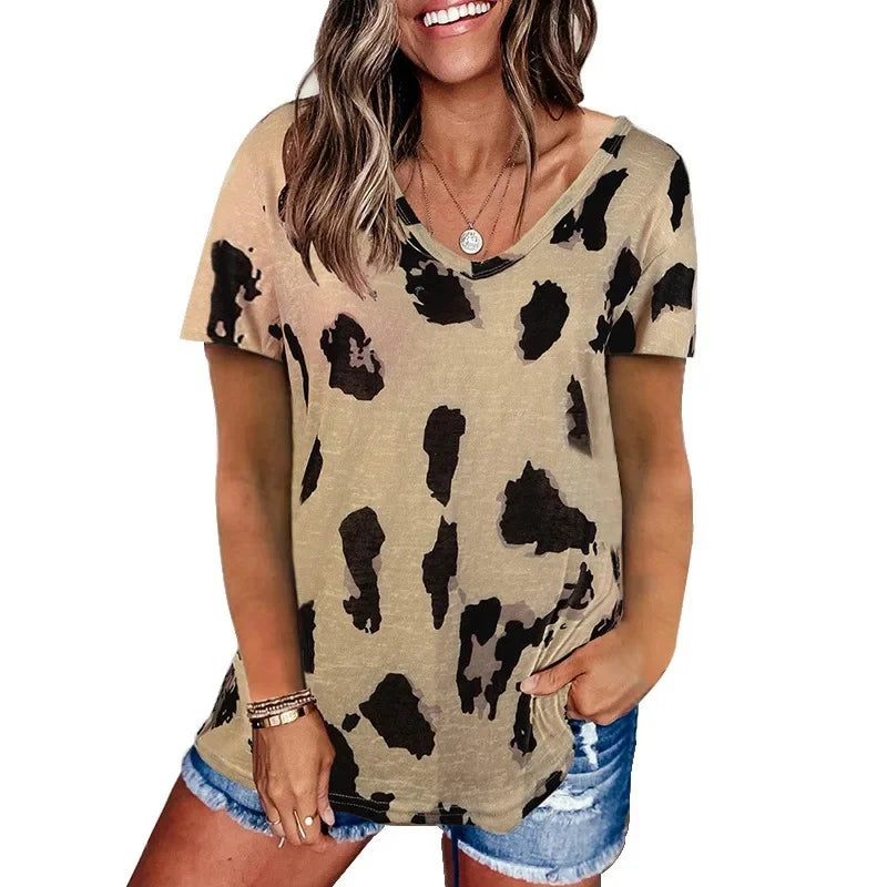 Summer Hot Sale Of The Season Women's Loose Casual V-neck Short Sleeve Leopard Print Top Fashion Style