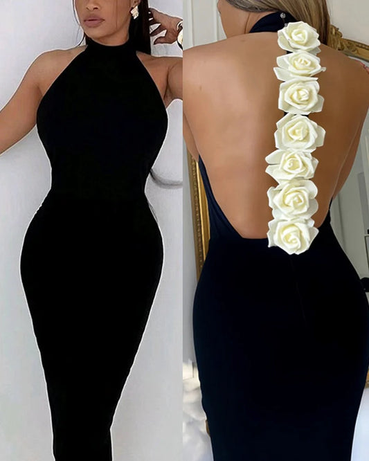 Elegant Rose Detail Women Sexy Mock Neck Sleeveless Backless Bodycon Evening Dress
