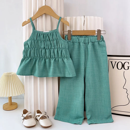 Kids Clothes Girls Solid Color Pleated Camisole Top+straight Leg Wide Leg Pants Casual Sets Summer Fashion Children's Clothing