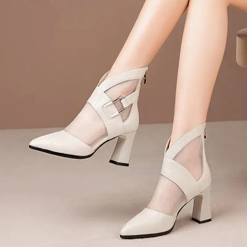 2025 Quality New Versatile Hollow Breathable Mesh Shoe Chunky Heel Shoe/Sandals