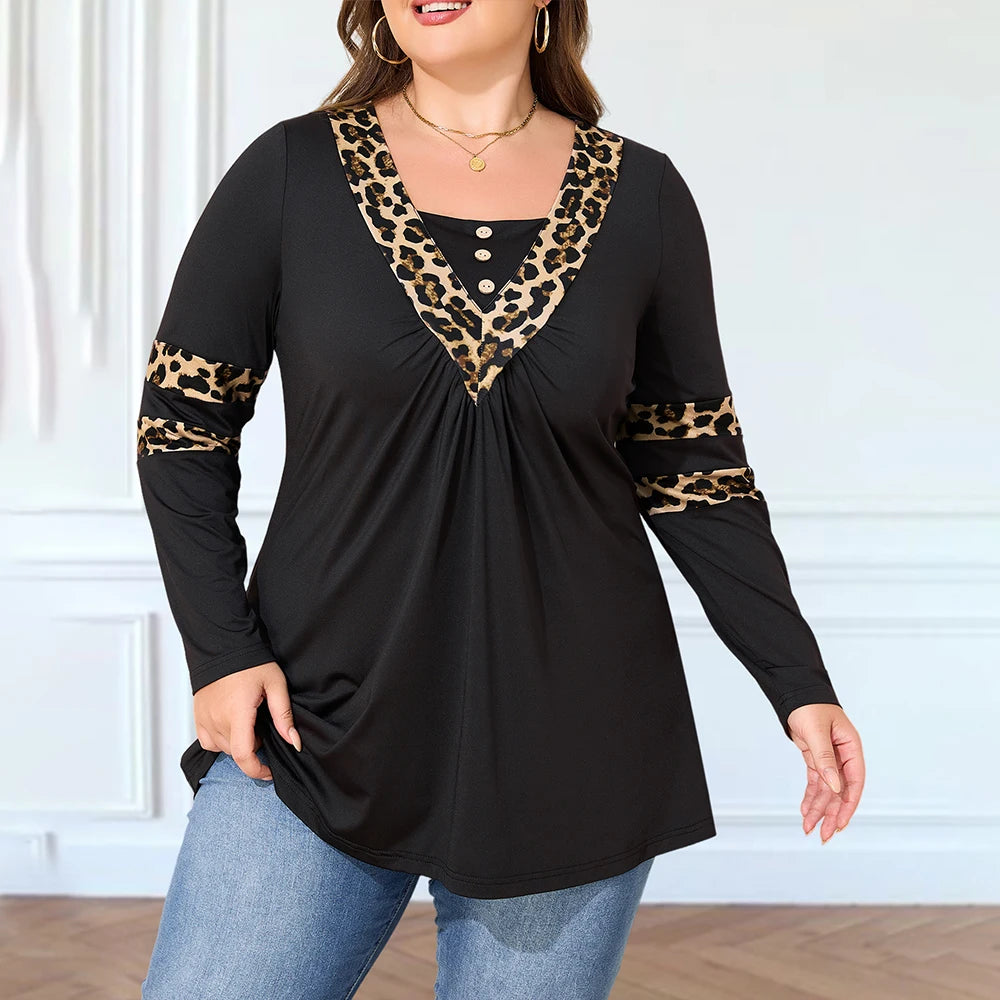 Plus Size Women's Leopard Long Sleeve Top Casual Loose And Comfortable