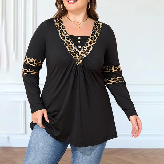 Plus Size Women's Leopard Long Sleeve Top Casual Loose And Comfortable