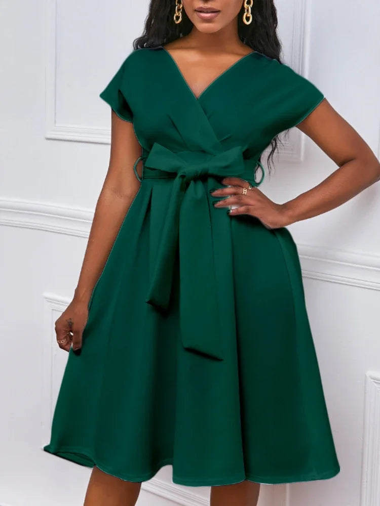 Women V Neck Dress Pleated A Line with Waist Belt Party Fashion Female African Event Occasion Prom White Celebrate Elegant Robes